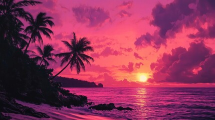 A vibrant pink and orange sunset over the ocean with palm trees silhouetted on a beach.