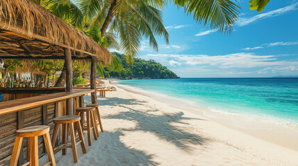 Tropical beach bar paradise with palm trees and turquoise waters