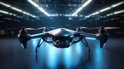 A sleek and futuristic drone with glowing lights hovers in an industrial setting, showcasing cutting-edge technology and innovation.