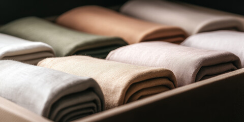 Folded fabric in warm earth tones arranged neatly in a drawer showcasing textile variety and home decor trends