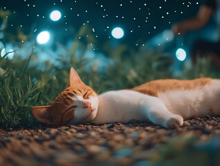 Cat on the grass at night