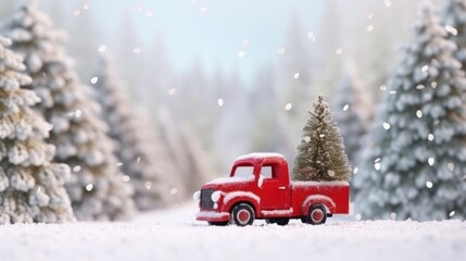 A festive red truck carries a Christmas tree through a snowy, picturesque landscape, evoking warmth and holiday cheer amid winter's chill.
