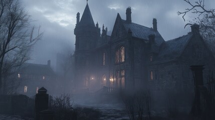 Obraz premium Spooky old gothic castle, foggy night, haunted mansion