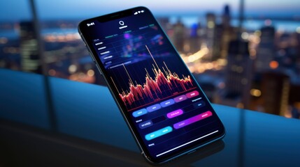 A smartphone screen brightly lit with vibrant graphs and charts, set against a blurred cityscape backdrop, depicting modern finance and technology.