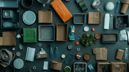 Various recyclable materials, including cardboard, plastic, and glass, are arranged neatly on a flat surface