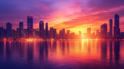 Fototapeta premium Vibrant Cityscape at Sunset Over Waterfront Skyline