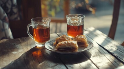 Traditional Turkish Tea with Pastries on Wooden Table