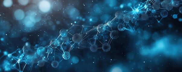 A stunning visual of molecular structures intertwined with blue digital elements, representing technology and science.