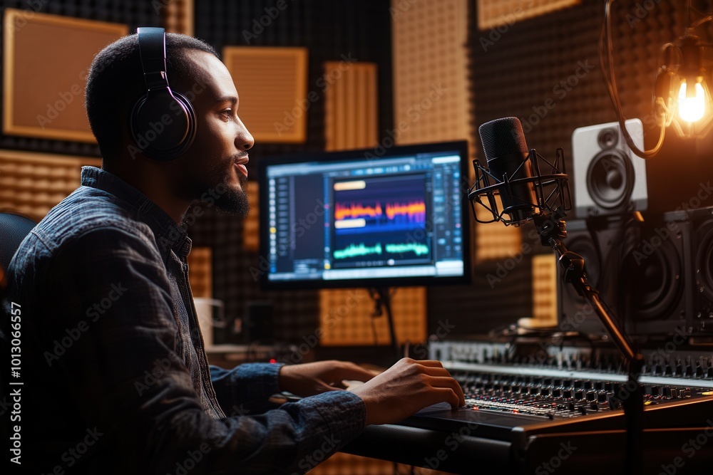 Poster A skilled podcaster is actively recording in a soundproof studio, using audio equipment while speaking into a microphone. Generative AI
