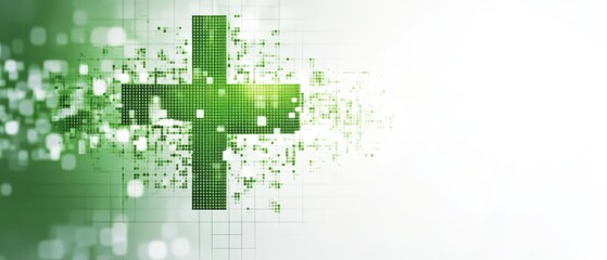 Obraz premium Abstract green medical symbol with digital effects, conveying health, wellness, and life on a clean background.