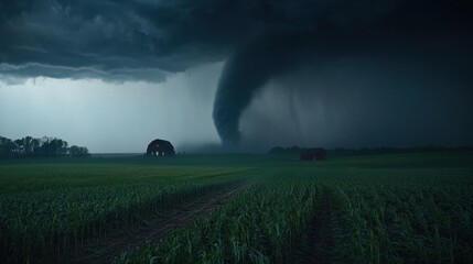Tornado touching down in the middle of a farm, barn in the distance under dark skies
