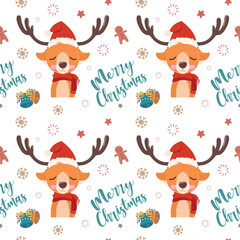 Seamless Christmas pattern with Santa Clause, snowman, tree, ornaments, gift, stocking, candy cane, candies, snoflakes, reindeer.