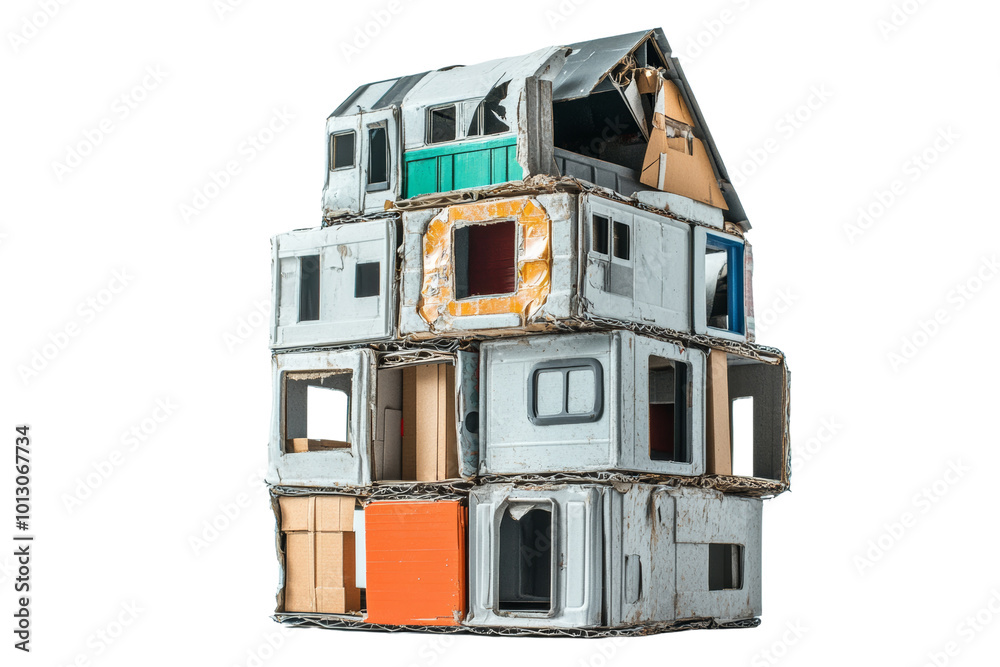 Poster unique architectural model showcasing a playful, colorful design of a house on a white isolated back