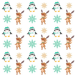 Seamless Christmas pattern with Santa Clause, snowman, tree, ornaments, gift, stocking, candy cane, candies, snoflakes, reindeer.