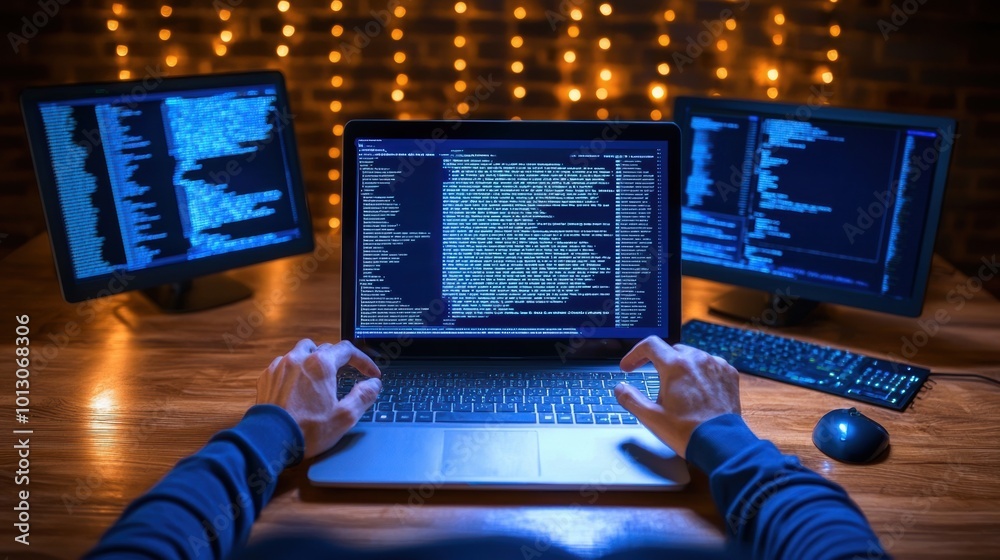 Poster computer programmer working in dark room with code