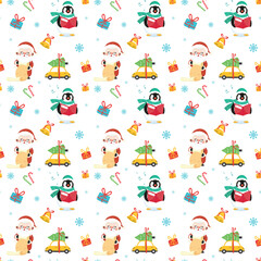 Seamless Christmas pattern with Santa Clause, snowman, tree, ornaments, gift, stocking, candy cane, candies, snoflakes, reindeer.