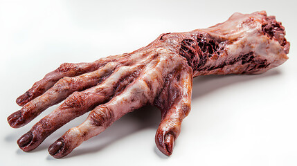 Creepy Realistic Zombie Hand Prop with Decayed Skin and Outstretched Fingers on white Background