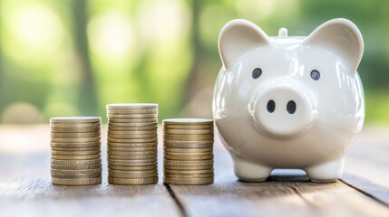 Piggy bank with coins on wooden table in natural light
