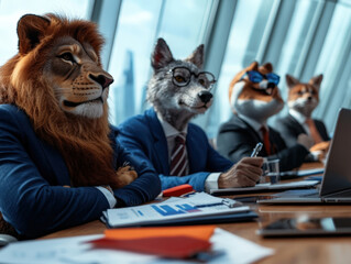 Anthropomorphic animals in business attire are focused in a skyscraper boardroom, illustrating corporate decision-making and strategy development dynamics. © DKPhoto