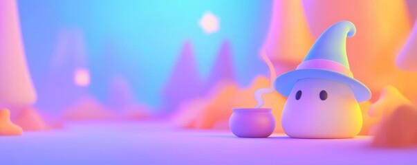 Obraz premium Cute pastel witch stirring potion in a spooky forest, 3D illustration