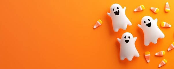 Floating pastel ghosts with colorful candy corn, Halloween banner, 3D illustration
