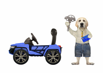 Dog labrador with key at blue suv car