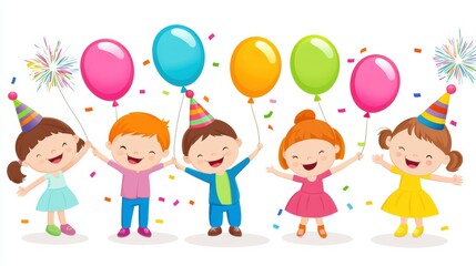 Fototapeta premium Joyful Kids Celebrating with Colorful Balloons