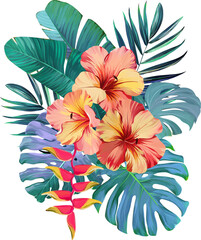 Bouquet of tropical flowers. Summer bouquet of flowers. Camellia, rose, hibiscus, orchid, plumeria, paradise flowers. Exotic, tropical