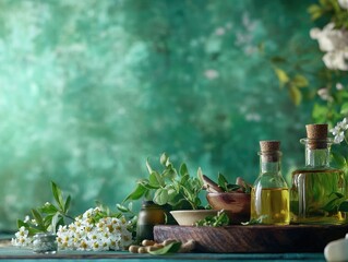 Close-Up of Ayurvedic Herbs and Oils Preparation