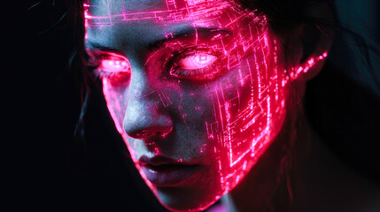 An intensely lit digital being with red neon networks overlaying its face, representing advanced technological evolution.