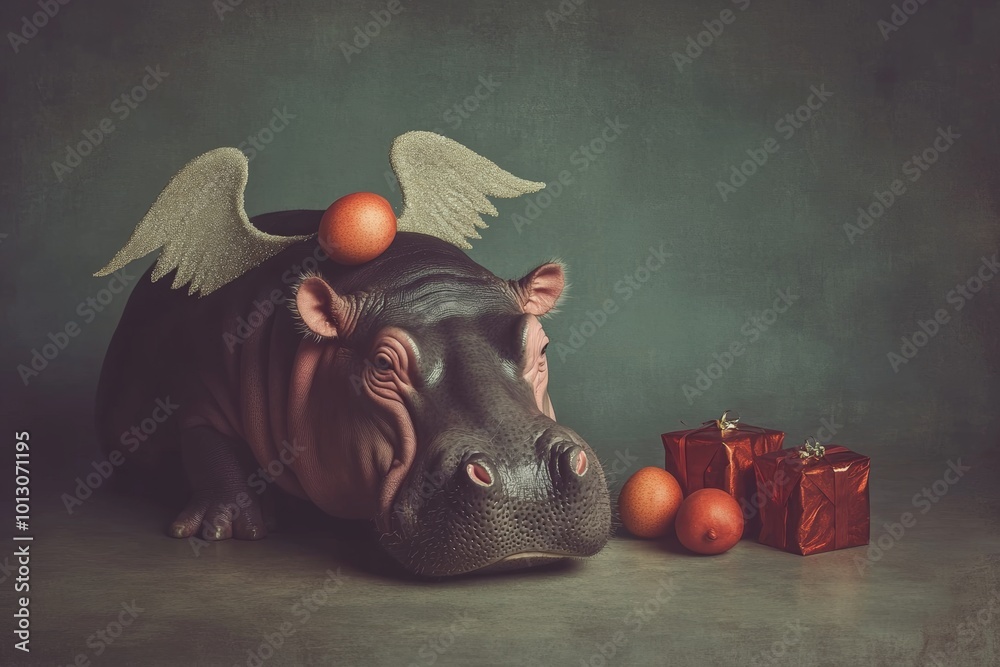 Wall mural Adorable Baby Hippo disguised as Angel Watching Over the Gifts