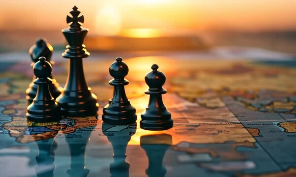 Chess pieces strategically positioned on a world map banner symbolizing global economic strategy
