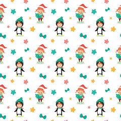 Seamless Christmas pattern with Santa Clause, snowman, tree, ornaments, gift, stocking, candy cane, candies, snoflakes, reindeer.