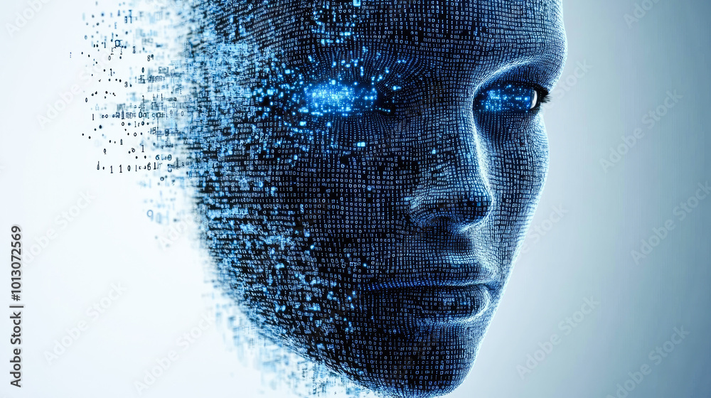 Poster a face seamlessly transforms into digital binary code, reflecting the intersection of human identity