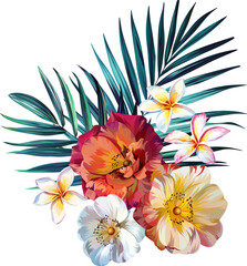 Obraz premium Bouquet of tropical flowers. Summer bouquet of flowers. Camellia, rose, hibiscus, orchid, plumeria, paradise flowers. Exotic, tropical