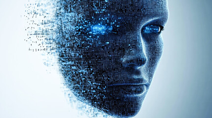 A face seamlessly transforms into digital binary code, reflecting the intersection of human identity and digital evolution.