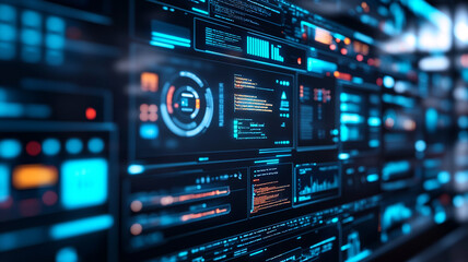 Modern digital dashboard displaying various analytics and data visualizations in a tech environment