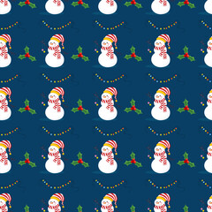 Seamless Christmas pattern with Santa Clause, snowman, tree, ornaments, gift, stocking, candy cane, candies, snoflakes, reindeer.