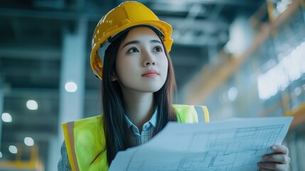 Asian Woman Engineer at Construction Site with Plans