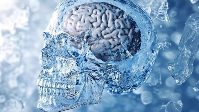 A frozen human skull with a visible brain encased in ice