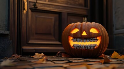funny Halloween pumpkin on the doorstep. smiling pumpkin with braces. the concept of dentist office. copy space for your text