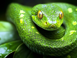 Fototapeta premium Close-up of a Vibrant Green Tree Python with Intricate Scale Patterns and Intense Yellow Eyes in a Lush Jungle Setting.