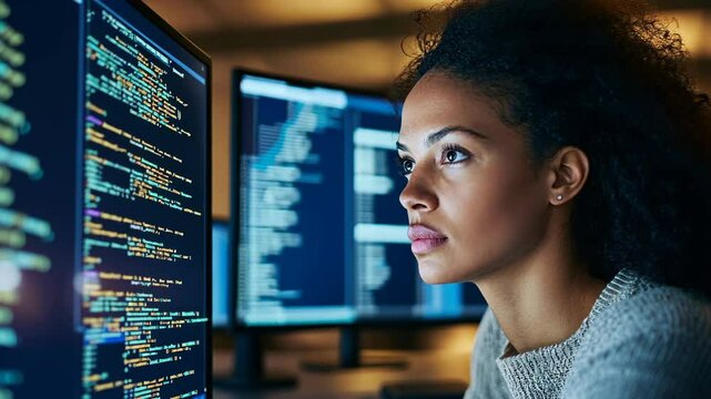 A woman intently looks at lines of code on a computer screen, likely working late on a project