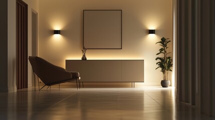 Minimalist Living Room with Warm Ambient Lighting, Modern Furniture, and Elegant Wall Decor, Ideal for Contemporary Home Interiors, Relaxation Spaces, and Upscale Design