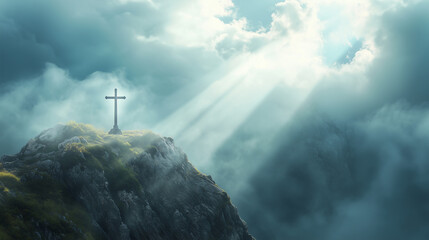 Crucifix at the top of a Mountain with Sunlight Breaking through the Clouds. Inspirational Christian Image.

