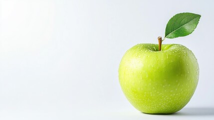 Fresh Green Apple with Single Leaf on White Background
