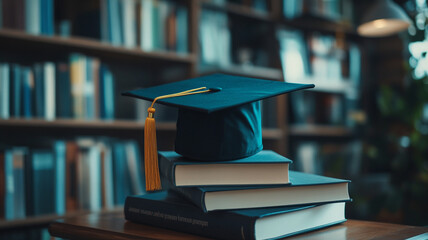 Graduation cap placed on stacked books in a library providing a scholarly atmosphere