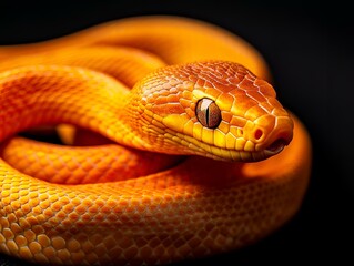 Fototapeta premium Brightly colored orange and red snake coiled in a striking pose against a black background, showcasing intricate scales and vivid hues, perfect for nature, wildlife, and exotic animal themes.