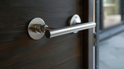 Obraz premium A modern stainless steel door handle with a horizontal oval backplate and a slim curved bar for opening.