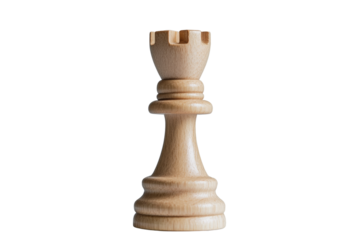 A close-up of a wooden chess rook piece on a white isolated background.